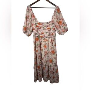 Indigo Rose Floral Midi Dress Puff Sleeve Size Large